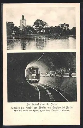 AK Berlin-Stralau, Tunnel unter der Spree, Sicht zur Kirche