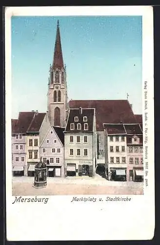 Goldfenster-AK Merseburg, Marktplatz und Stadtkirche mit leuchtenden Fenstern
