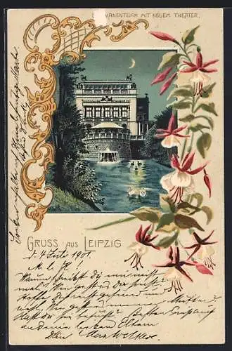 Lithographie Leipzig, Schwanenteich mit Neuem Theater