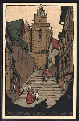 Steindruck-AK Wetzlar, Domtreppe mit Domansicht