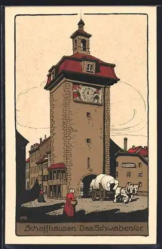 Steindruck-AK Schaffhausen, Das Schwabentor mit Pferdewagen