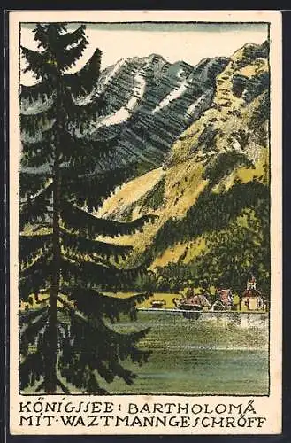 Steindruck-AK Bartholomä, Königssee mit Waztmanngeschröff