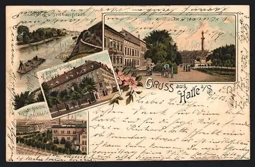 Lithographie Halle a. S., Saale vom Trothaerfelsen, Francke-Stiftung, Klinische Anstalten und Promenade