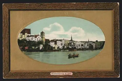 AK Wasserburg a. Inn, Flusspartie mit Ruderboot, Passepartout mit Holzrahmen