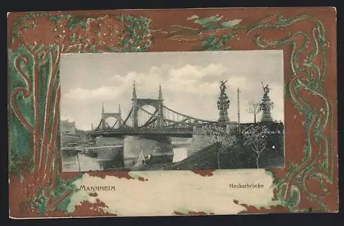 Präge-AK Mannheim, Blick auf die Neckarbrücke, Passepartout