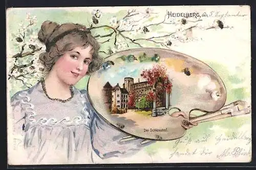 Lithographie Heidelberg, Schlosshof im Paletten-Passepartout