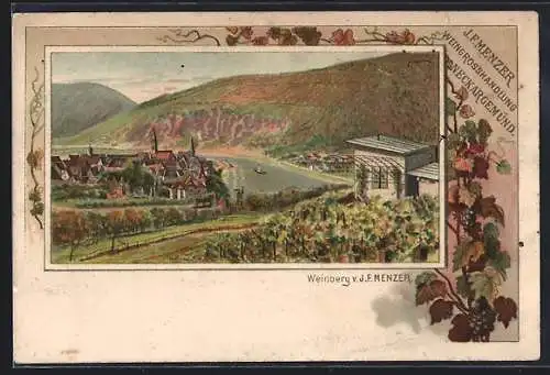 Lithographie Neckargemünd, Ortsansicht mit Weingrosshandlung J. F. Menzer