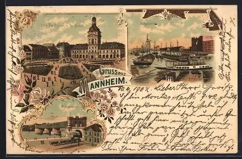 Lithographie Mannheim, Paradeplatz u. Kaufhaus, Hafenpartie und Rheinbrücke