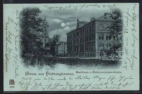 Mondschein-AK Hildburghausen, Maschinen - u. Elektrotechniker-Schule im Vollmondlicht
