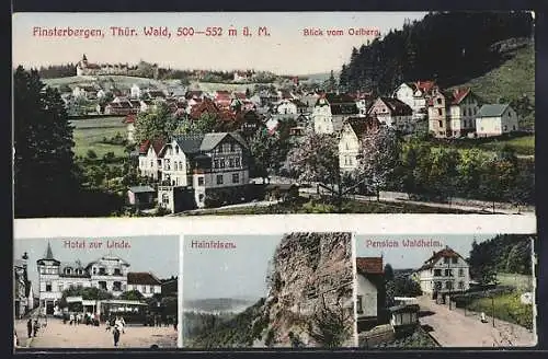 AK Finsterbergen /Thür. Wald, Hotel zur Linde, Pension Waldheim, Blick vom Oelberg, Hainfelsen