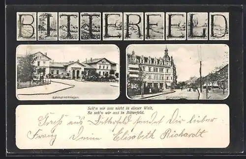 AK Bitterfeld, Bahnhof mit Anlagen und Bismarckstrasse