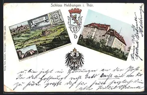 AK Heldrungen i. Thür., Gesamtansicht und Schloss mit Gartenpartie