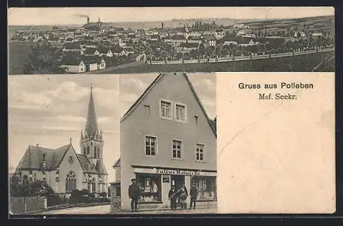 AK Polleben /Msf. Seekr., Gesamtansicht, Kirche und Geschäft Julius Meinicke