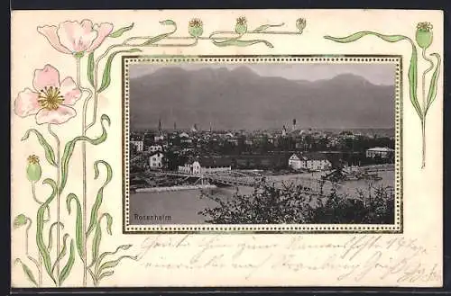 Präge-AK Rosenheim / Bayern, Gesamtansicht mit Brücke und Flusspartie, Passepartout