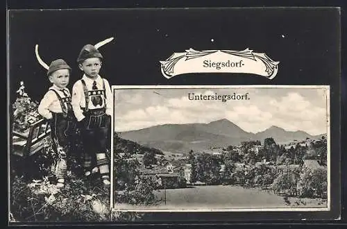 AK Siegsdorf, Untersiegsdorf mit Waldpartie und Bergpanorama, Passepartout mit zwei Jungen in Trachten