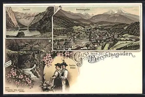 Lithographie Berchtesgaden, Obersee, Frauen in Tracht, Almbach-Klamm