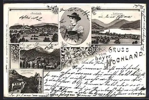 Lithographie Miesbach, Ortsansicht, Wendelsteinhaus, Miesbacherin in Tracht, Schliersee, Birkenstein
