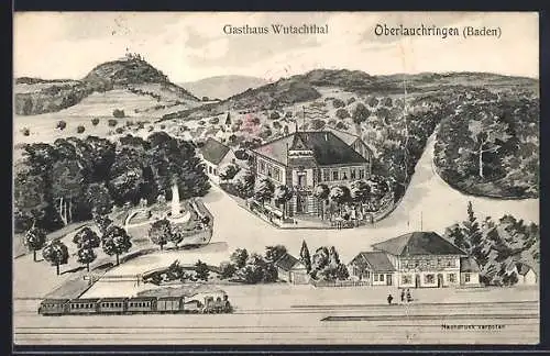 Künstler-AK sign. Hans Pernat: Oberlauchringen /Baden, Gasthaus Wutachtal mit Bahnhof