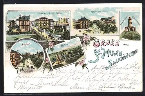 Lithographie St. Johann /Saarbrücken, Neue Brücke, Reichsstrasse, Denkmal am Winterberg, Bahnhof und Ehrenthal