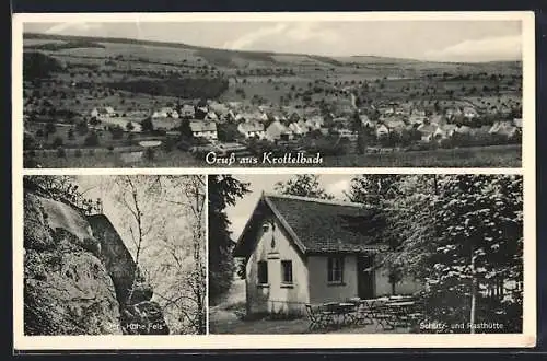 AK Krottelbach b. Kusel, Gesamtansicht, Der Hohe Fels, Schutz und Gasthaus