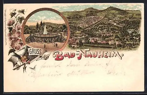 Lithographie Bad Nauheim, Gesamtansicht & Springbrunnen