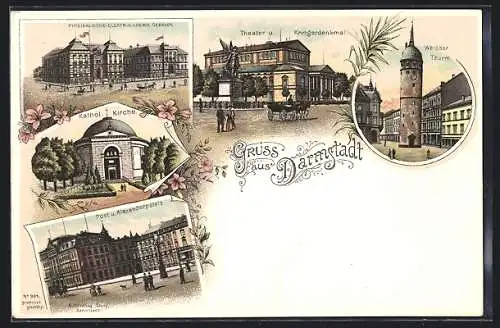Lithographie Darmstadt, kath. Kirche, Weisser Thurm, Theater und Kriegerdenkmal, Alexanderpalais