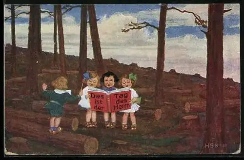 Künstler-AK H.S.B.: Kleiner Mädchenchor im Wald