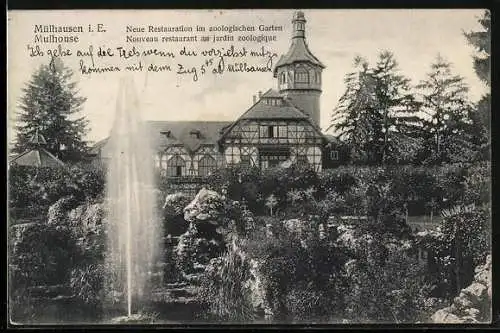 AK Mülhausen i. E., Neue Restauration und Springbrunnen im Zoologischen Garten