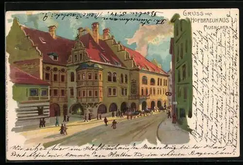 Lithographie Strasse am Münchner Hofbräuhaus