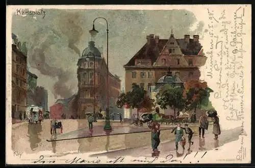 Künstler-AK Heinrich Kley: München, Karlsplatz mit Fussgängern Regenschauer