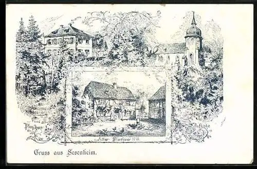 Künstler-AK Sesenheim, altes Pfarrhaus 1770, Dorfkirche, neues Pfarrhaus