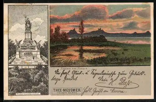 Lithographie Rüdesheim, Niederwalddenkmal und Abend am Rhein mit Reklame für Messmer-Tee