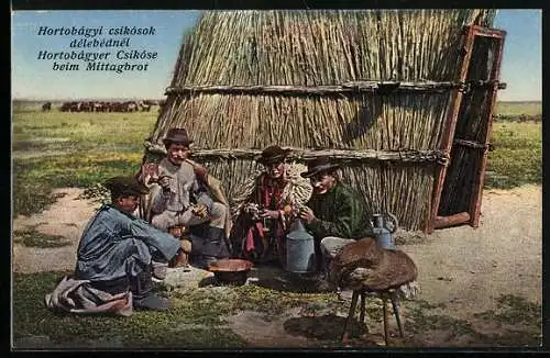 AK Hortobagy, Hortobagyer Csikose beim Mittagbrot 1916