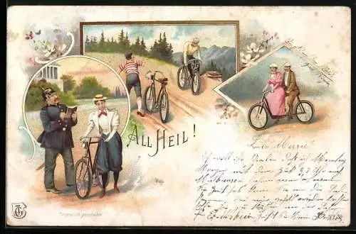 Lithographie All Heil!, Fahrradfahrer auf einer Bergtour, Paar auf einem Tandem
