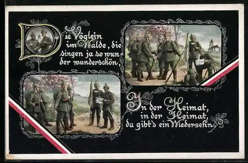 AK Soldaten in Uniformen mit Gewehren lesen die Karte, Reichsfarben, 1. Weltkrieg