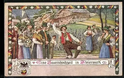 Künstler-AK Ernst Kutzer: Ein Bauernhochzeit in Steiermark, Österreicher in Tracht