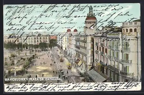 AK Barcelona, Plaza de Cataluna, Strassenbahn