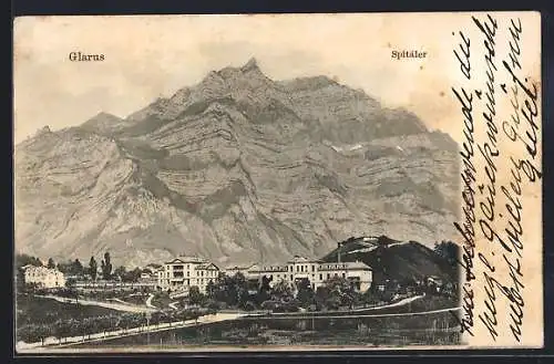 AK Glarus, Ortspartie mit Strasse, Spitäler