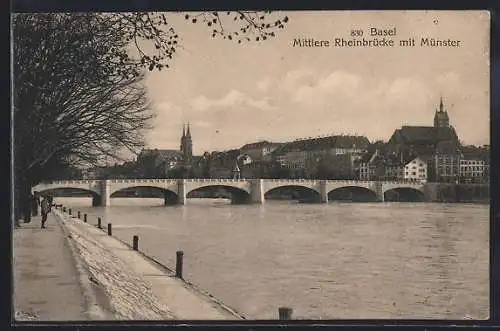 AK Basel, Mittlere Rheinbrücke mit Münster