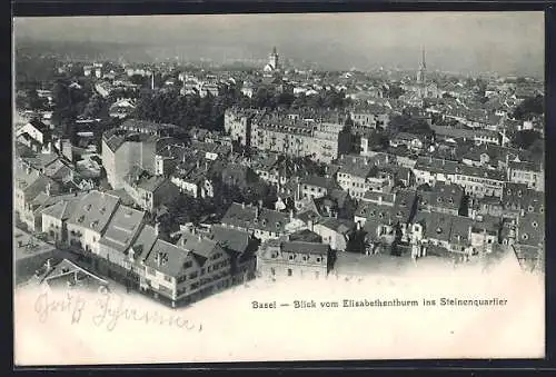 AK Basel, Blick vom Elisabethenturm ins Steinquartier
