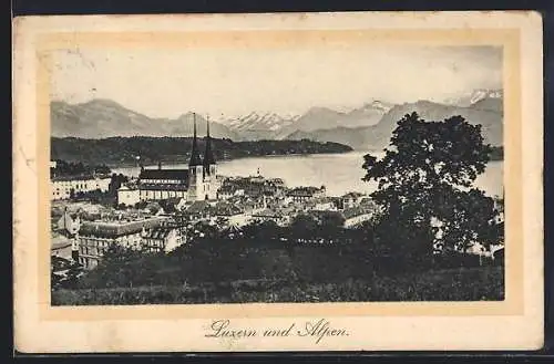 AK Luzern, Teilansicht mit Kirche und Alpen