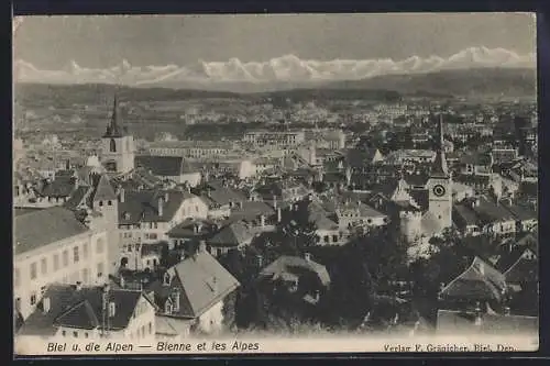 AK Biel, Teilansicht und die Alpen