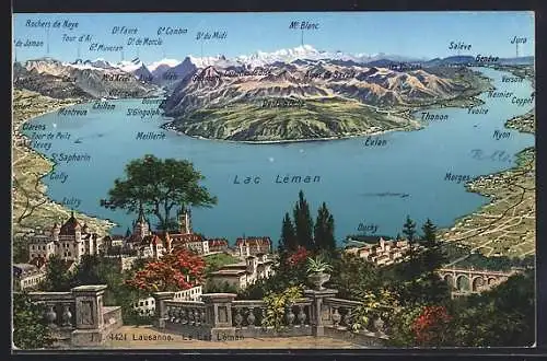 Künstler-AK Lausanne /Lac Léman, Panorama mit Lutry, Ouchy et Morges, Rochers de Naye, Dt. du Midi et Mt Blanc