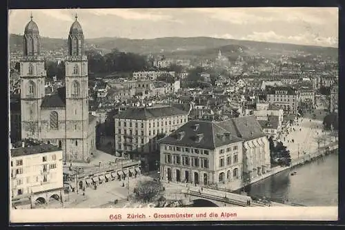 AK Zürich, Grossmünster und die Alpen