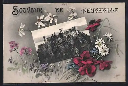 AK Neuveville, Burgruine, Gänseblumen, Passepartout