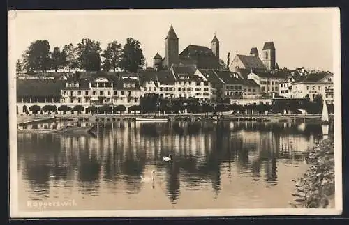 AK Rapperswil, Uferpartie mit Hotel Schwanen und Kirche