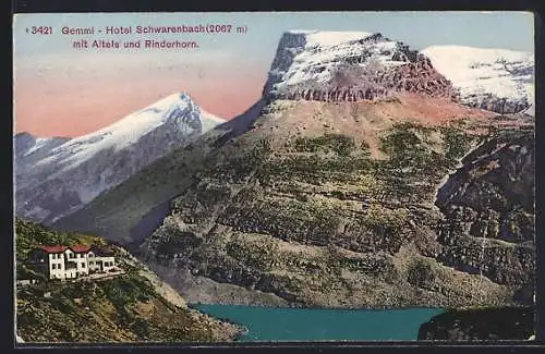 AK Gemmi, Hotel Schwarenbach mit Altels und Rinderhorn
