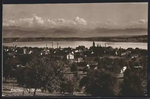 AK Pfäffikon /Zürich, Teilansicht mit Bergen