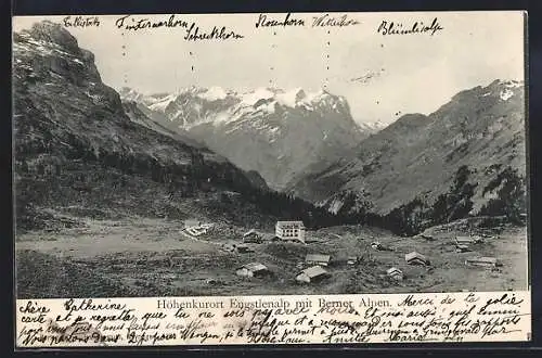 AK Engstlenalp, Ortspartie mit Berner Alpen: Blümlisalp, Wetterhorn und Schreckhorn