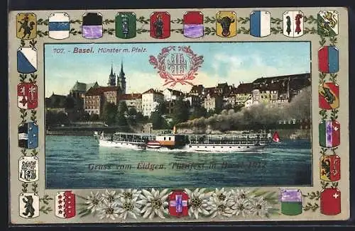 Passepartout-AK Basel, Münster mit Pfalz, Dampfer, versch. Wappen der Kantone